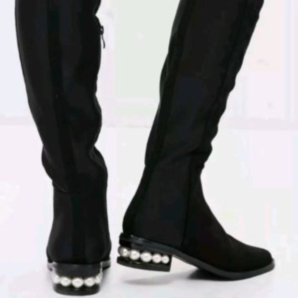 CATHERINE MALANDRINO black BOOTS PEARL HEEL SIZE 6.5